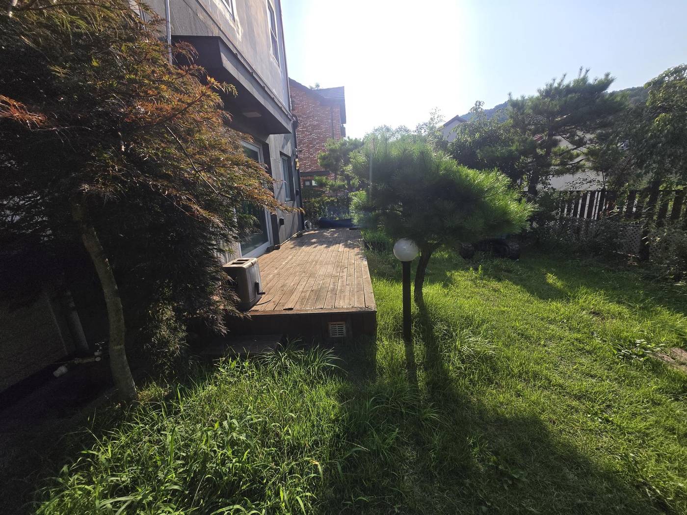 공사 전 마당 — 무성하게 자란 잔디와 낡은 목재 데크